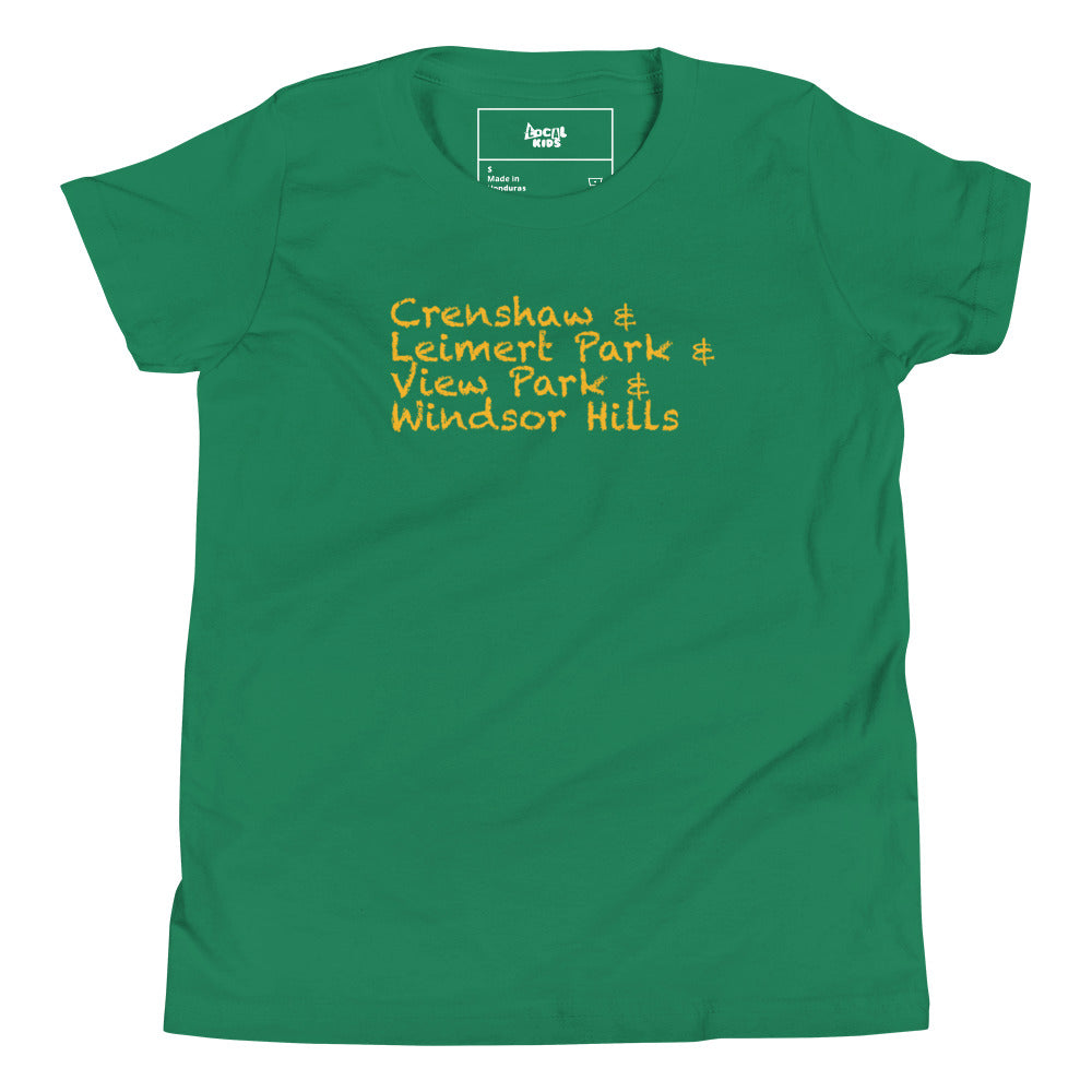 "Crenshaw, Leimert Park, View Park, Windsor Hills" Kids Short Sleeve T-Shirt